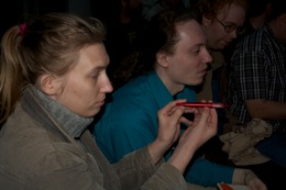 Debbie showing off the Castlevania pen she won in the Music Quiz